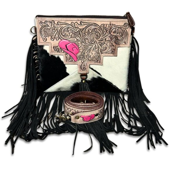 Western Cowgirl Handbag Cowhide Leather Fringes Crossbody Purse Brown